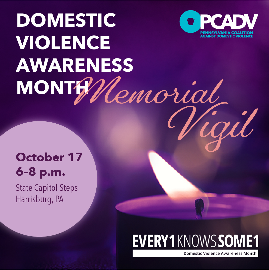 Lit purple candle in lower right corner on a purple background with text reading "Domestic Violence Awareness Month Memorial Vigil, October 17 from 6:00 to 8:00 p.m. at the State Capitol Building in Harrisburg, PA